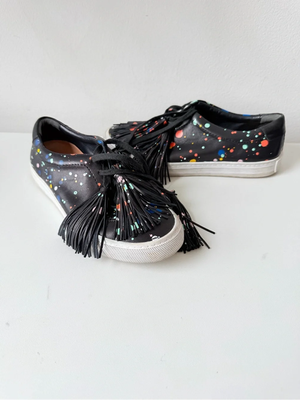 Loeffler Randall Logan Splatter Print Tasseled Leather Sneakers Size 7.5 Women’s